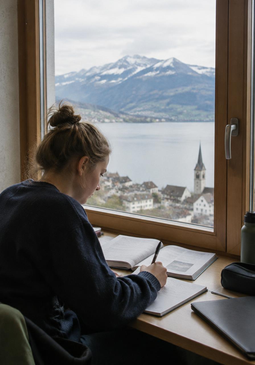 A student studying by a window overlooking a Swiss lake town and mountains