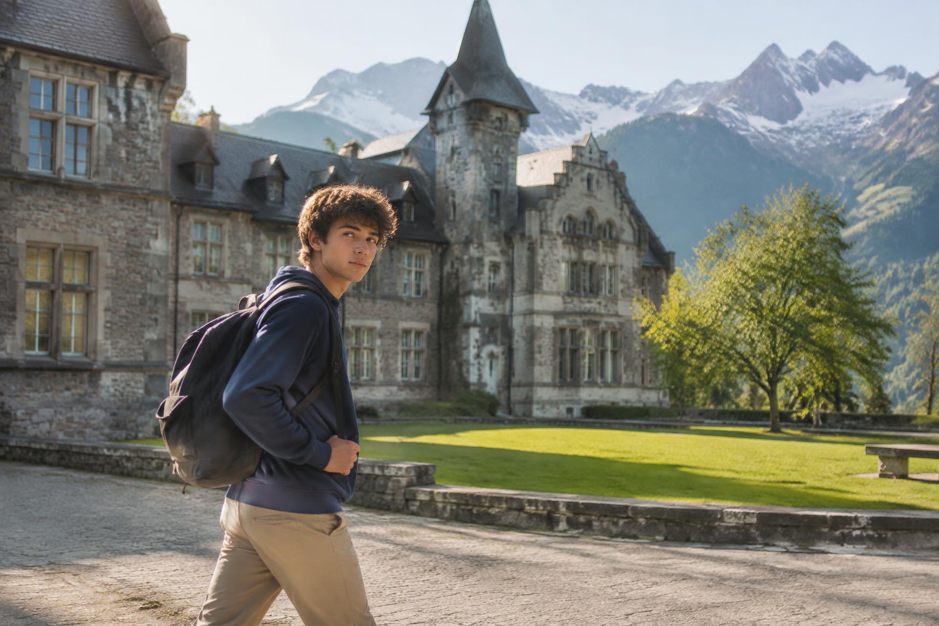 A teenage student crossing a sunlit boarding school courtyard in the Swiss mountains