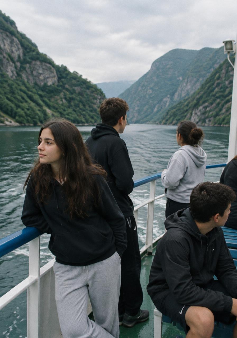 Teenagers on the deck of the Koman Lake ferry between steep green mountains