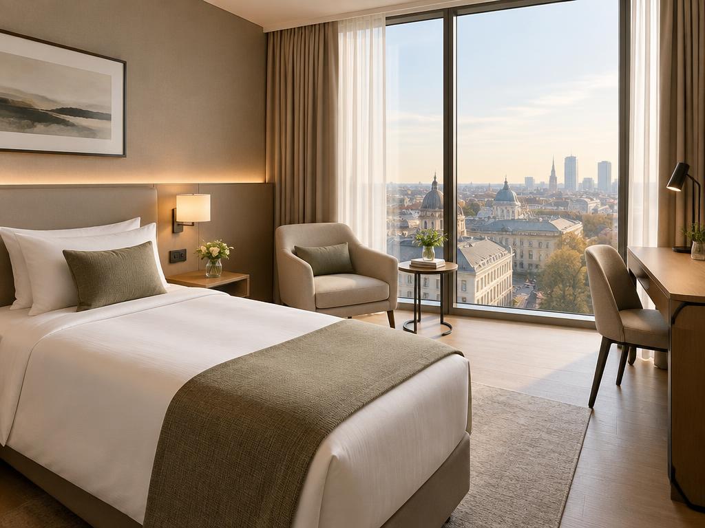 An elegant superior hotel room with a single bed and a city view