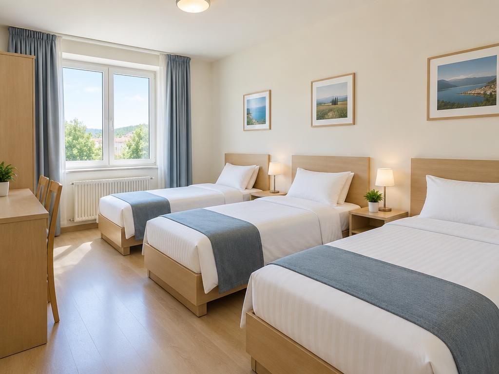 A bright three-star hotel room with three single beds