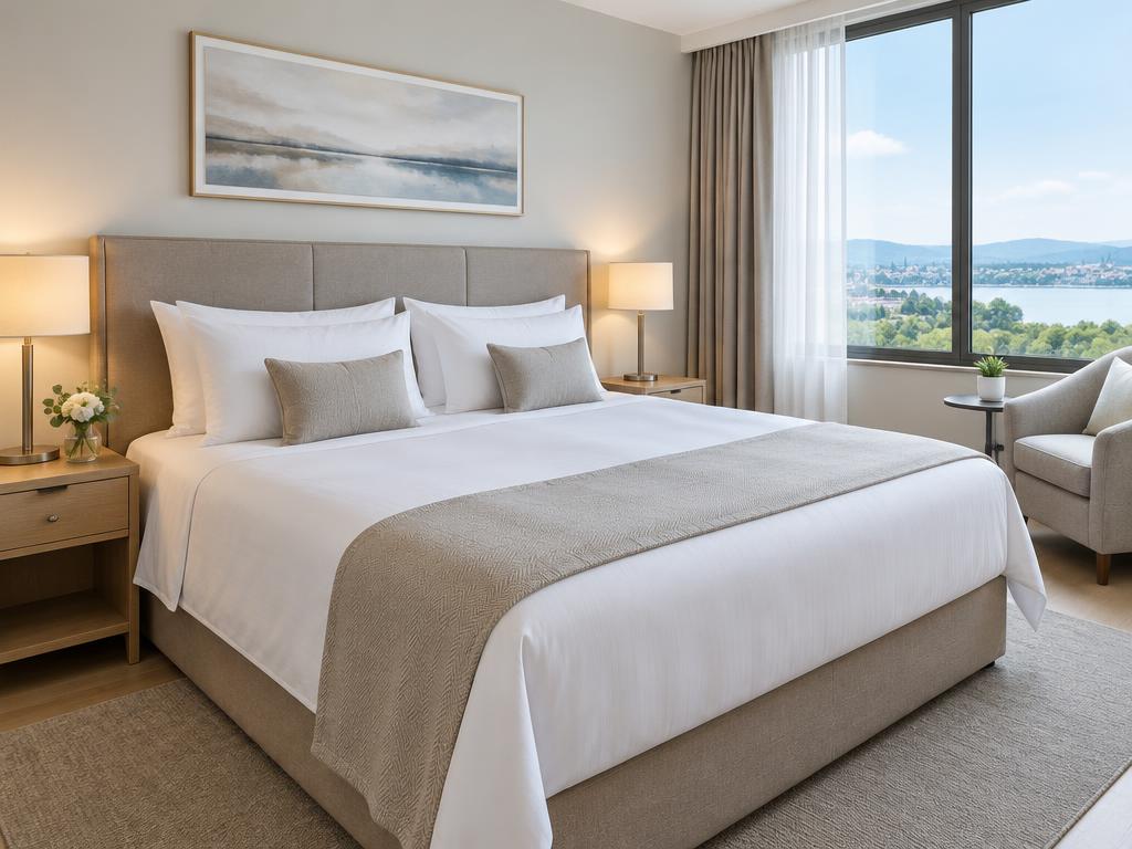 A modern four-star hotel room with a large double bed