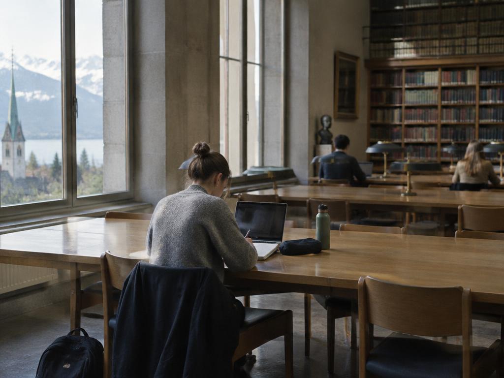 A student working at a long table in a Swiss university reading room