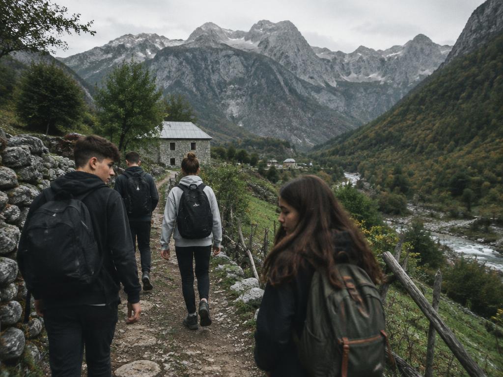 Teenagers walking a mountain path in the Theth valley