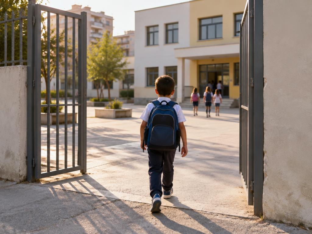A child with a backpack walking into an international school courtyard in Tirana