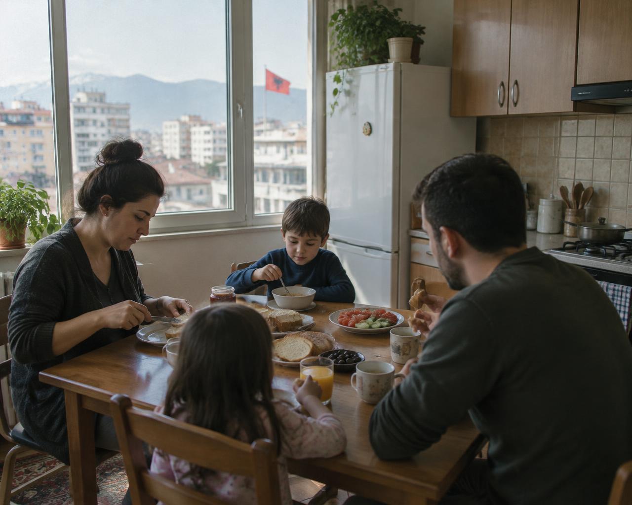 A family having breakfast together in a sunlit Tirana apartment kitchen