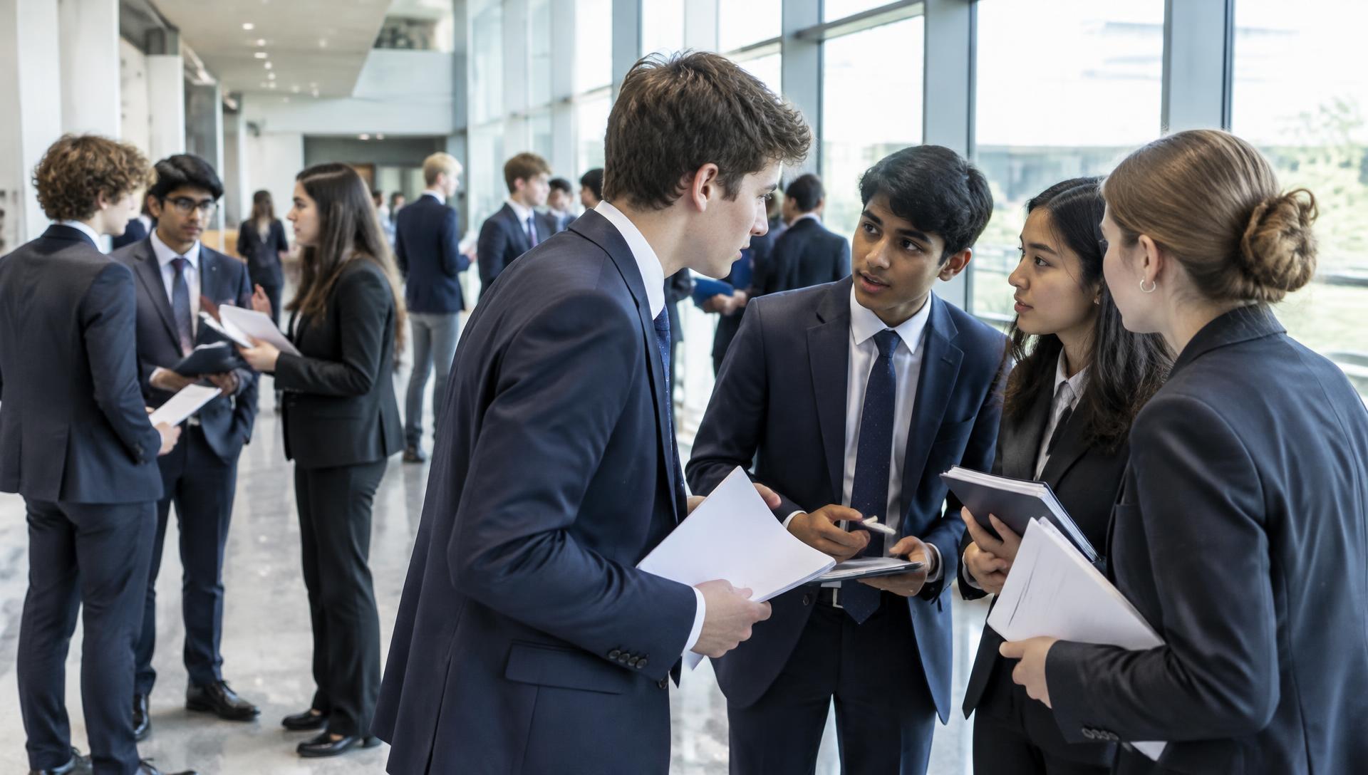 Delegates negotiating in small groups in a bright corridor, papers in hand
