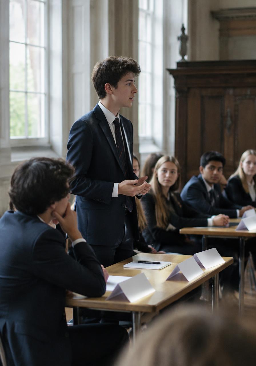 A student standing to speak in a bright debating hall with placards on the tables