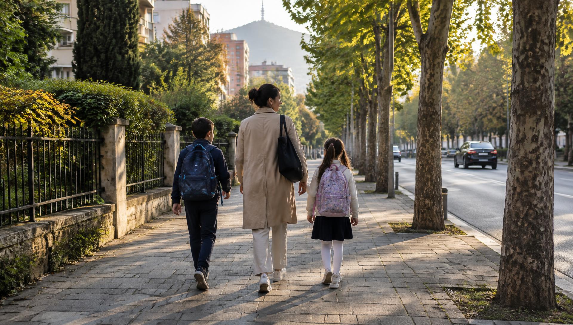 A parent and two children with school bags walking along a tree-lined Tirana street in early morning light